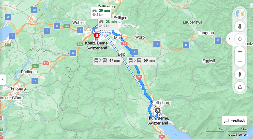 Anreise von Thun Zu Köniz Über A6, E25·Toll on route