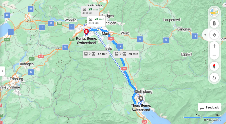 Anreise von Thun Zu Köniz Über A6·Toll on route