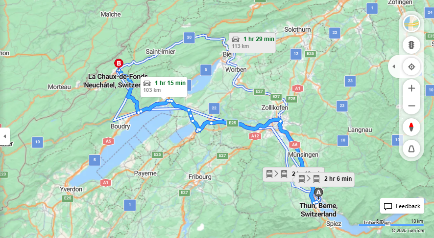 Anreise von Thun Zu La Chaux-de-Fonds Über A6, 20·Toll on route