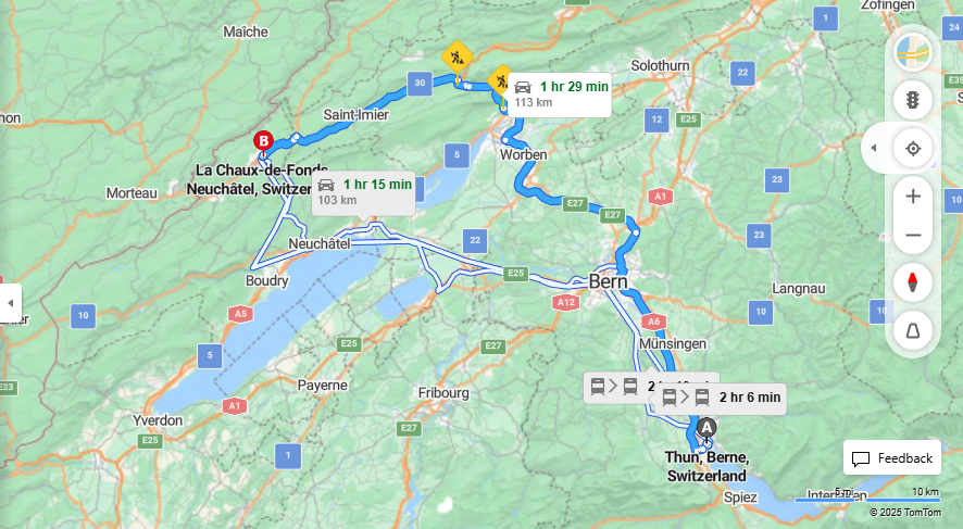 Anreise von Thun Zu La Chaux-de-Fonds Über e27, 30·Toll on route