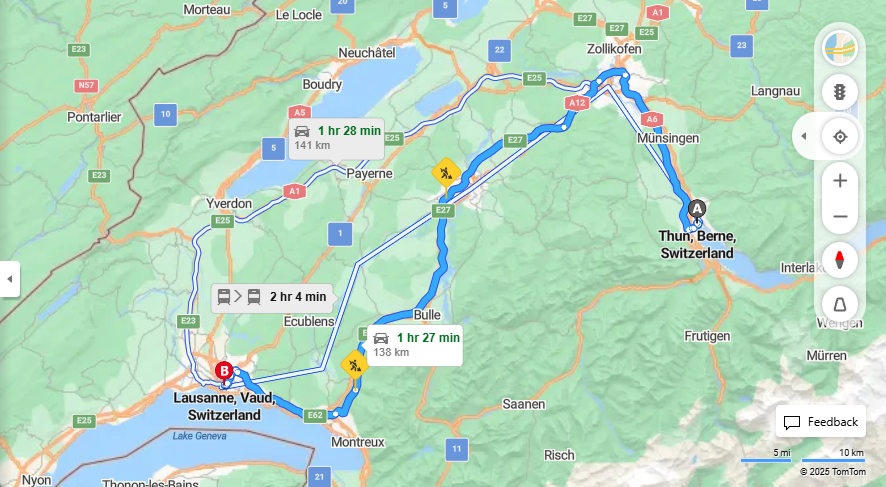 Anreise von Thun Zu Lausanne Über A6, e27·Toll on route