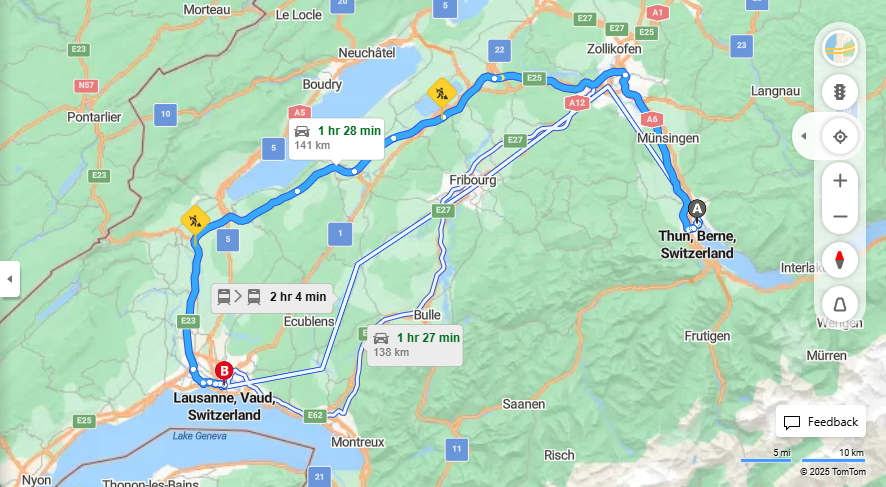 Anreise von Thun Zu Lausanne Über E25, e23·Toll on route