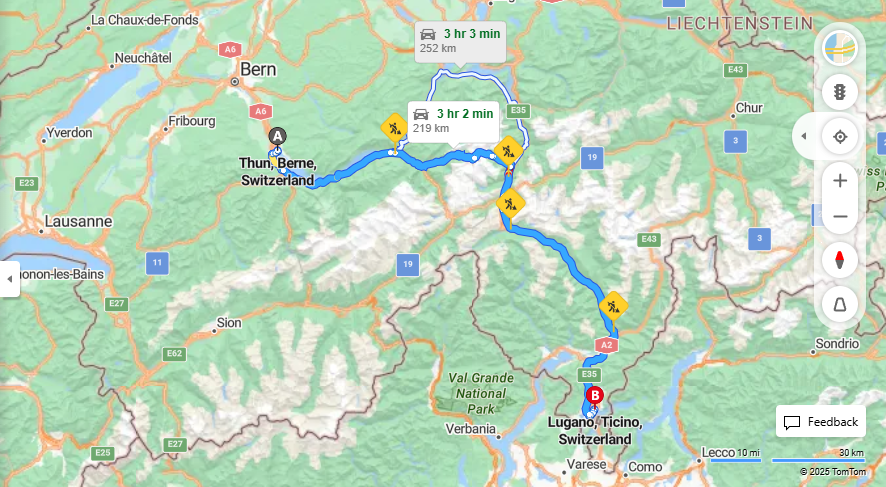 Anreise von Thun Zu Lugano Über 11, E35·Toll on route