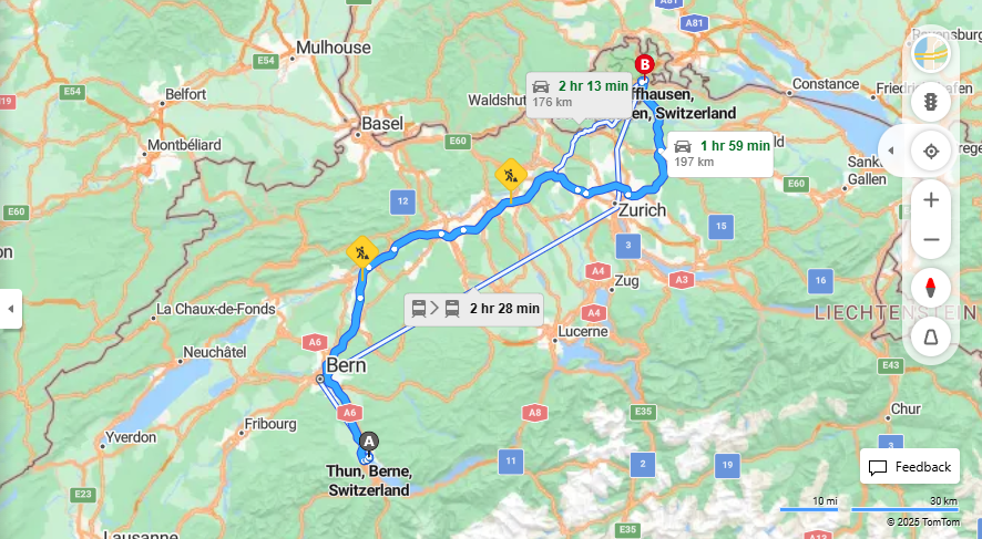 Anreise von Thun Zu Schaffhausen Über E25, E41·Toll on route