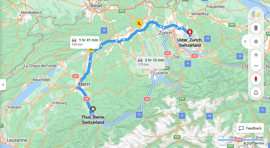 Anreise von Thun Zu Uster Über E25, a1·Toll on route