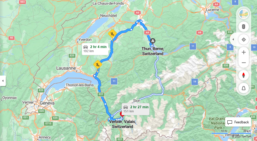 Anreise von Thun Zu Vernier Über A6, e27·Toll on route