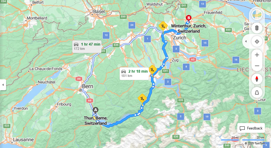 Anreise von Thun Zu Winterthur Über a8, E41·Toll on route