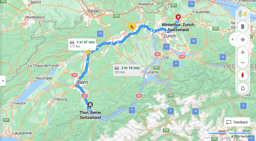 Anreise von Thun Zu Winterthur Über E25, a1·Toll on route