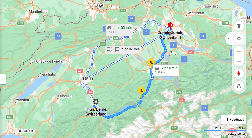 Anreise von Thun Zu Zurich Über a8, E41·Toll on route