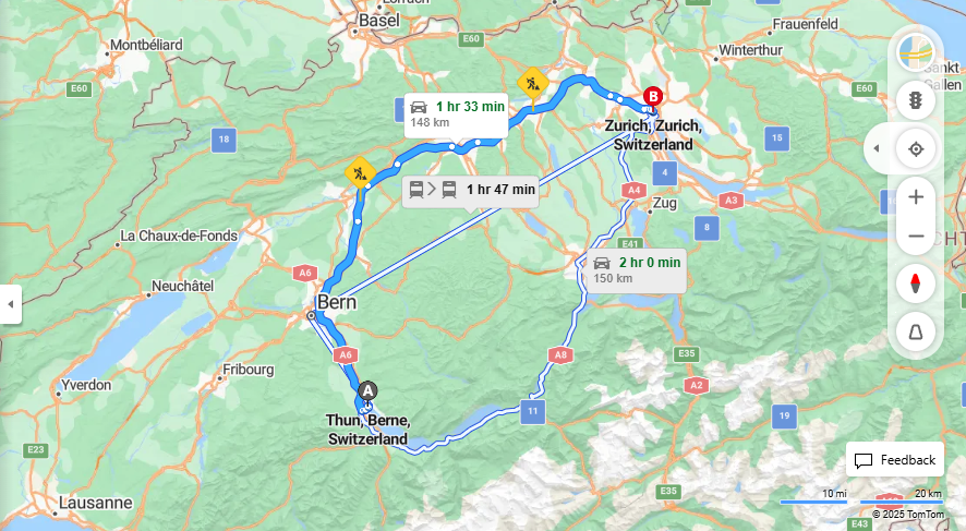 Anreise von Thun Zu Zurich Über E25, a1·Toll on route