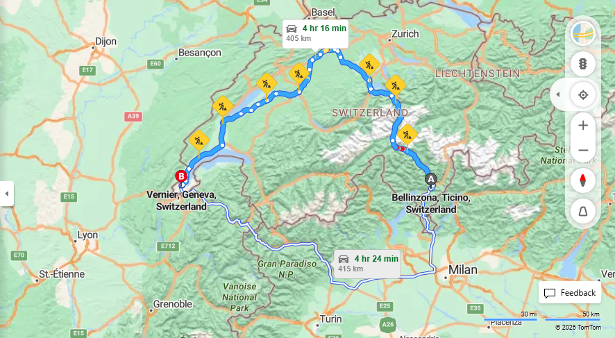 Anreise von Bellinzona Zu Vernier Über E35, E25·Toll on route