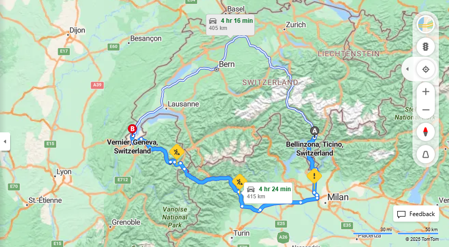 Anreise von Bellinzona Zu Vernier Über E64, E25·Toll on route