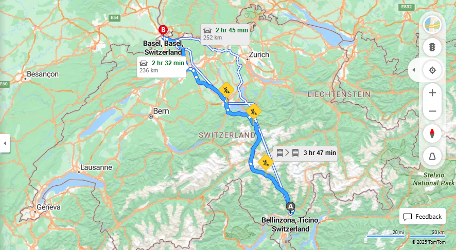 Anreise von Bellinzona Zu Basel Über E35·Toll on route