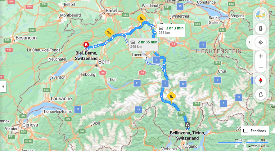 Anreise von Bellinzona Zu Biel/Bienne Über E35, E41·Toll on route