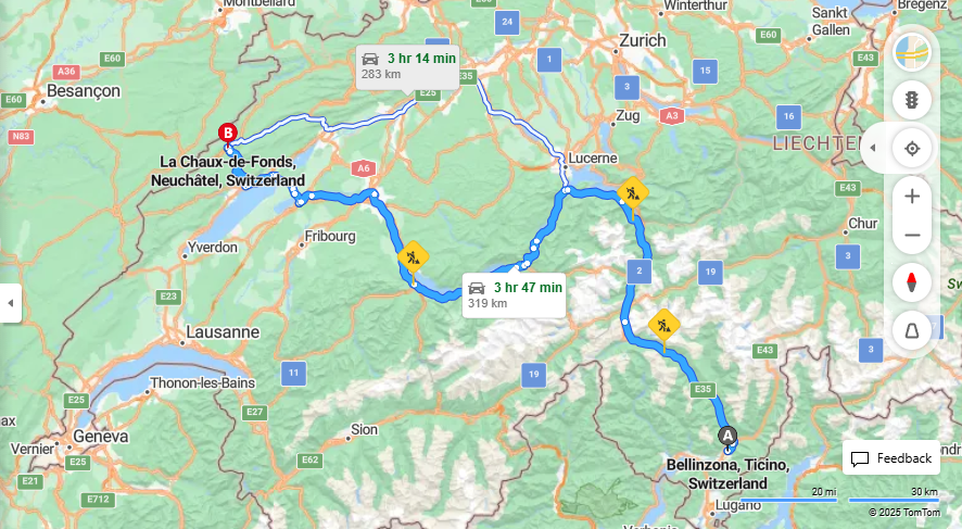 Anreise von Bellinzona Zu La Chaux-de-Fonds Über E35, a8·Toll on route