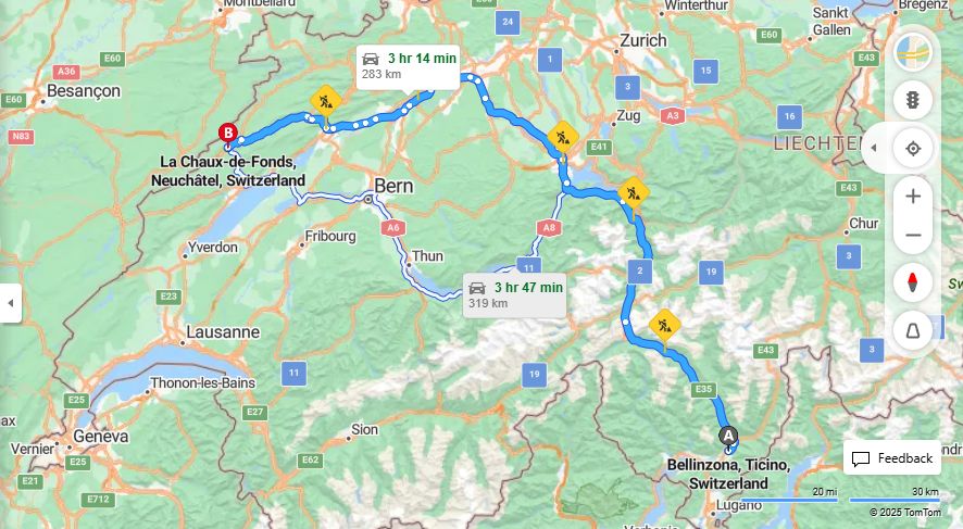 Anreise von Bellinzona Zu La Chaux-de-Fonds Über E35·Toll on route