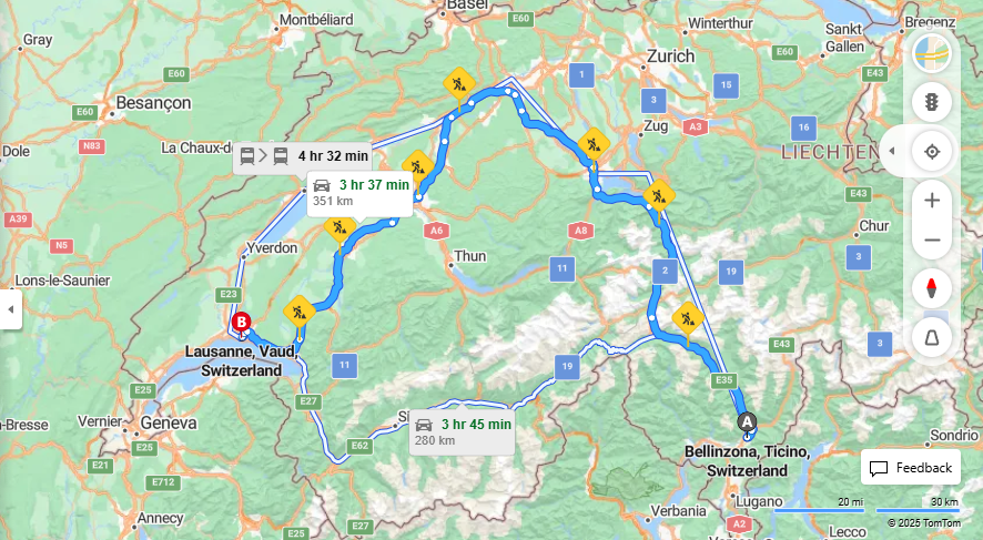 Anreise von Bellinzona Zu Lausanne Über E35, E25·Toll on route