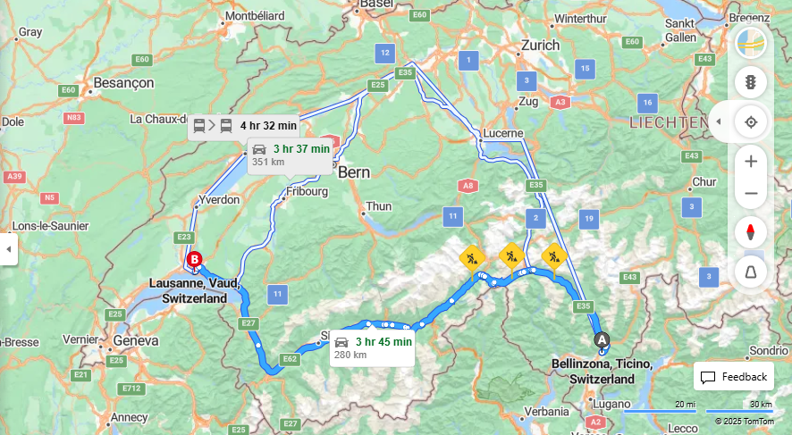 Anreise von Bellinzona Zu Lausanne Über E35, E62·Toll on route
