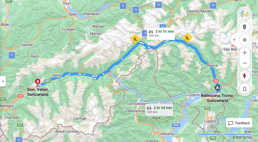 Anreise von Bellinzona Zu Sion Über E35, E62·Toll on route