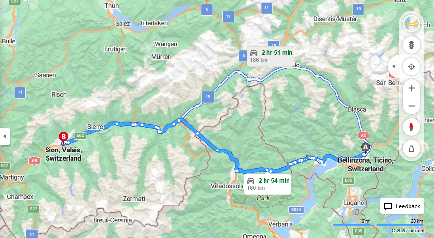 Anreise von Bellinzona Zu Sion Über SS337, E62·Toll on route