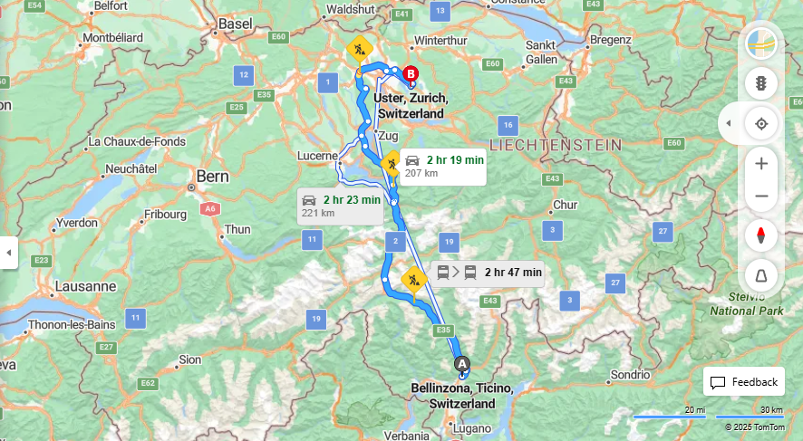Anreise von Bellinzona Zu Uster Über E35, E41·Toll on route