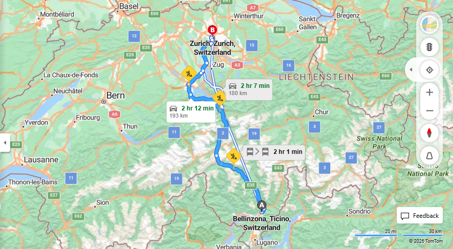 Anreise von Bellinzona Zu Zurich Über E35, a14·Toll on route