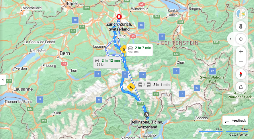 Anreise von Bellinzona Zu Zurich Über E35, E41·Toll on route