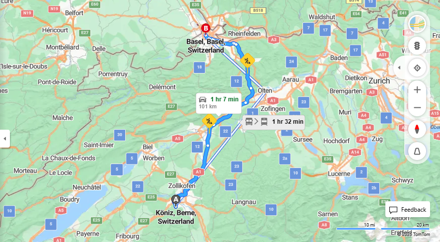 Anreise von Köniz Zu Basel Über E25, E35·Toll on route