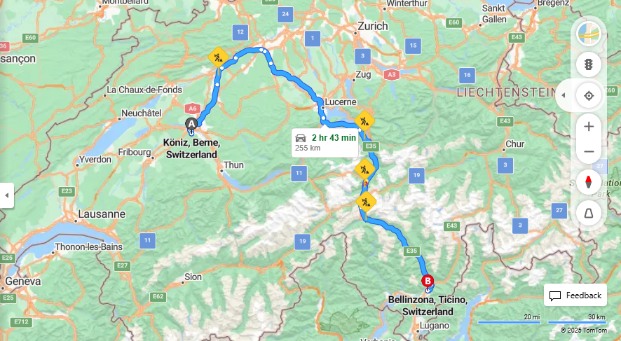 Anreise von Köniz Zu Bellinzona Über E25, E35·Toll on route