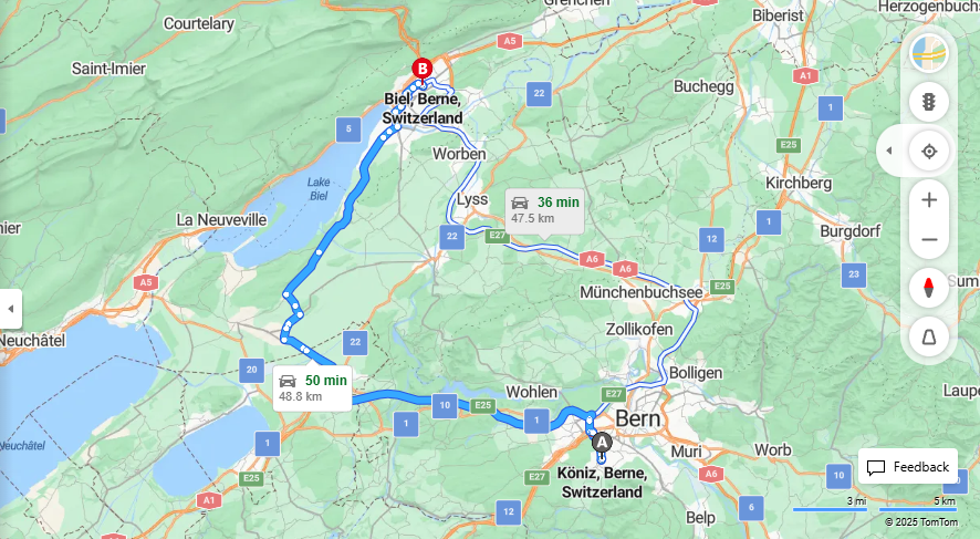 Anreise von Köniz Zu Biel/Bienne Über E25, 10·Toll on route