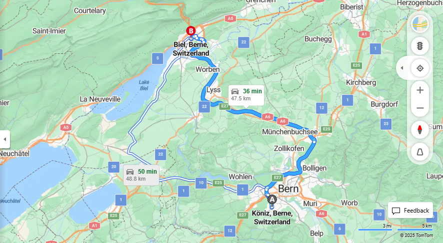 Anreise von Köniz Zu Biel/Bienne Über e27, E25·Toll on route