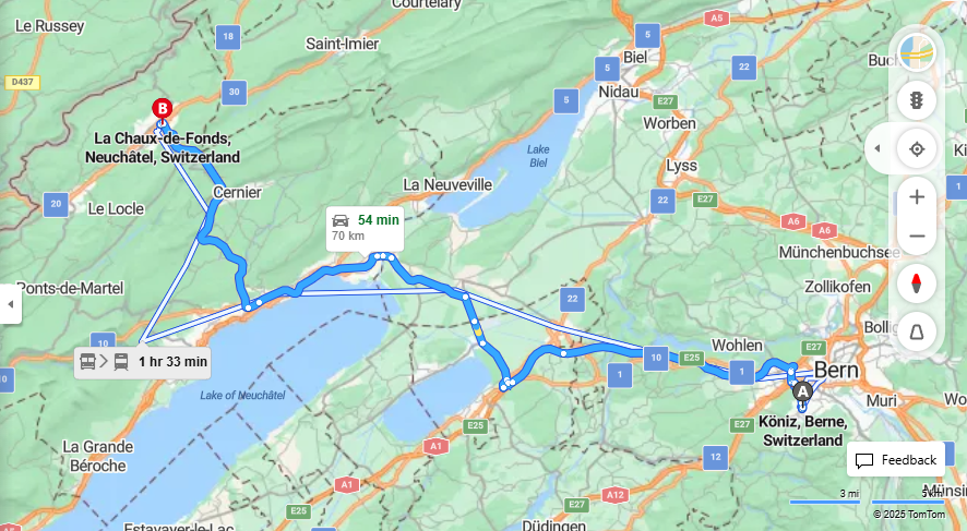 Anreise von Köniz Zu La Chaux-de-Fonds Über E25, 20·Toll on route