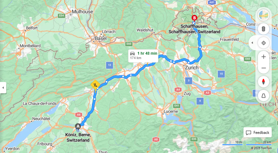 Anreise von Köniz Zu Schaffhausen Über E25, E41·Toll on route