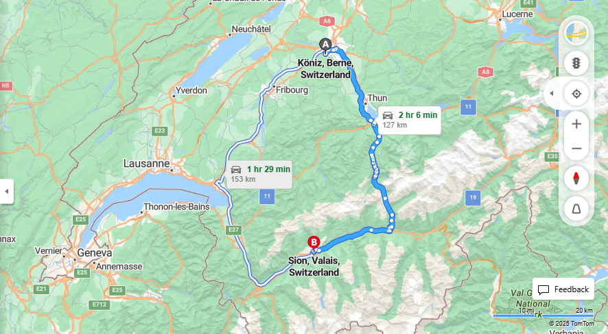 Anreise von Köniz Zu Sion Über A6, E62·Toll on route