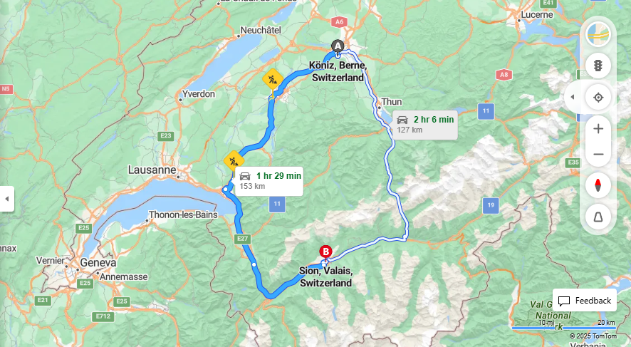 Anreise von Köniz Zu Sion Über e27, E62·Toll on route