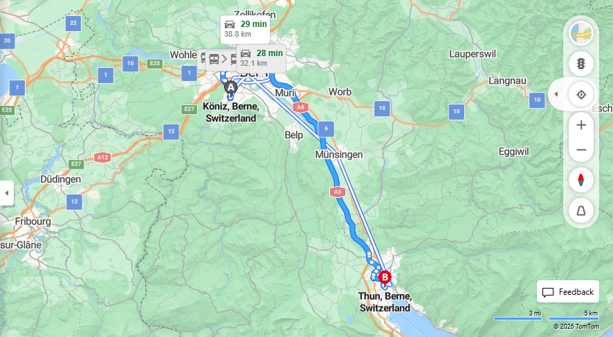 Anreise von Köniz Zu Thun Über E25, A6·Toll on route