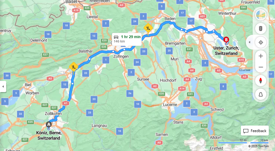 Anreise von Köniz Zu Uster Über E25, a1·Toll on route