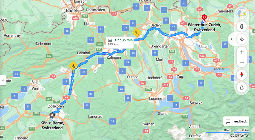 Anreise von Köniz Zu Winterthur Über E25, a1·Toll on route