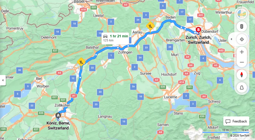 Anreise von Köniz Zu Zurich Über E25, a1·Toll on route