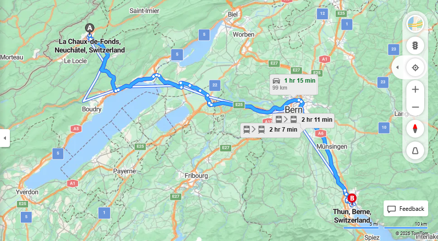 Anreise von La Chaux-de-Fonds Zu Thun Über A6, Feldstrasse·Toll on route