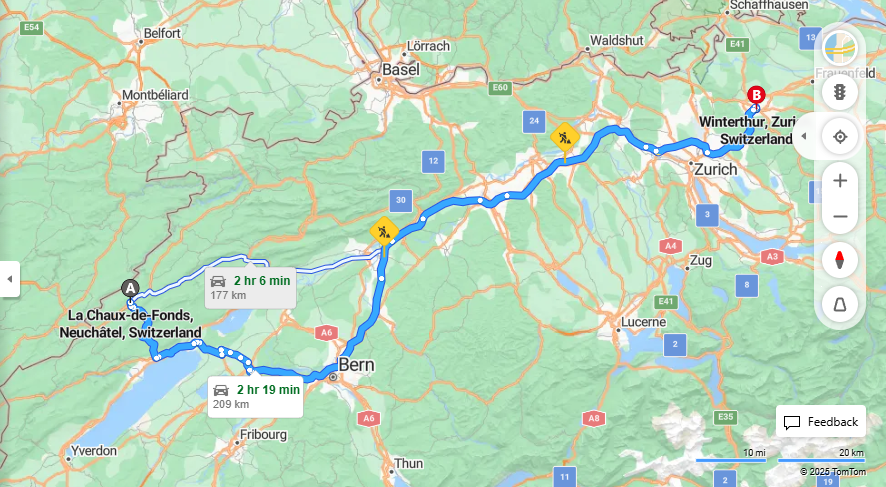 Anreise von La Chaux-de-Fonds Zu Winterthur Über 20, E25·Toll on route