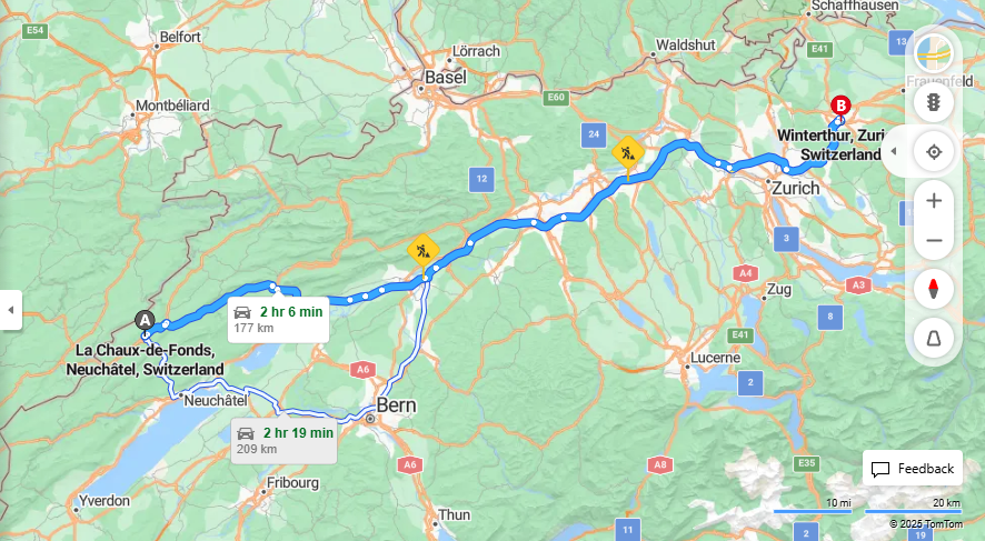 Anreise von La Chaux-de-Fonds Zu Winterthur Über a1, E60·Toll on route