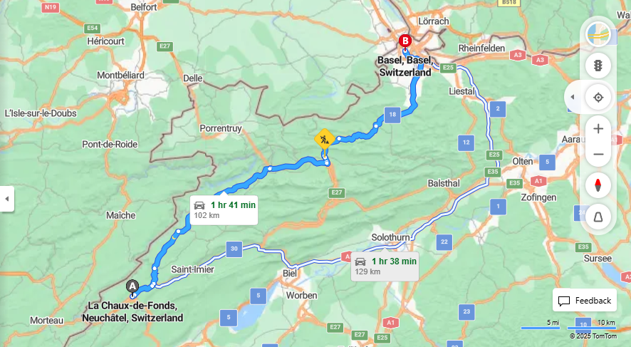 Anreise von La Chaux-de-Fonds Zu Basel Über 18, a18·Toll on route