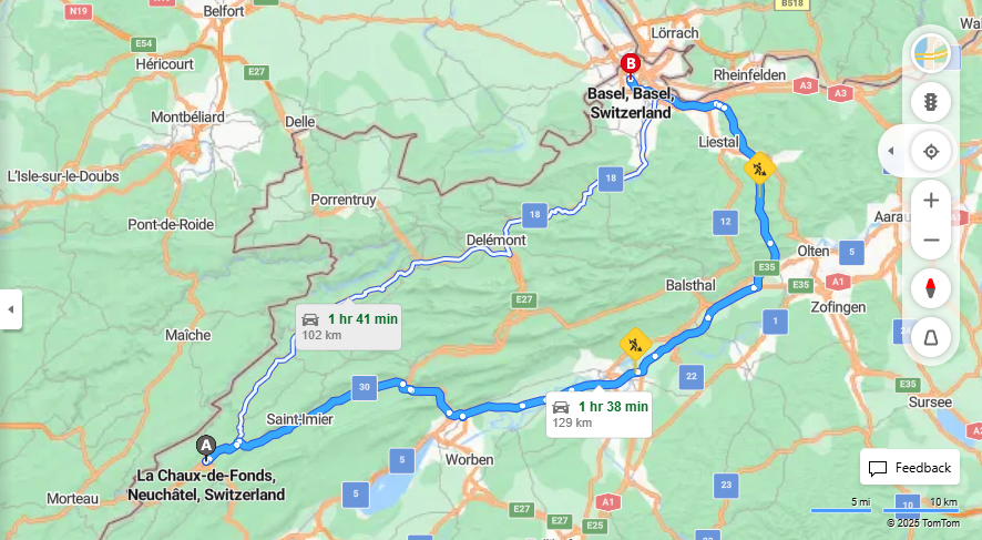 Anreise von La Chaux-de-Fonds Zu Basel Über 30, E25·Toll on route