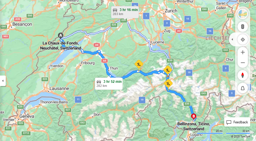 Anreise von La Chaux-de-Fonds Zu Bellinzona Über 11, E35·Toll on route