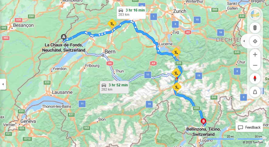 Anreise von La Chaux-de-Fonds Zu Bellinzona Über E35·Toll on route
