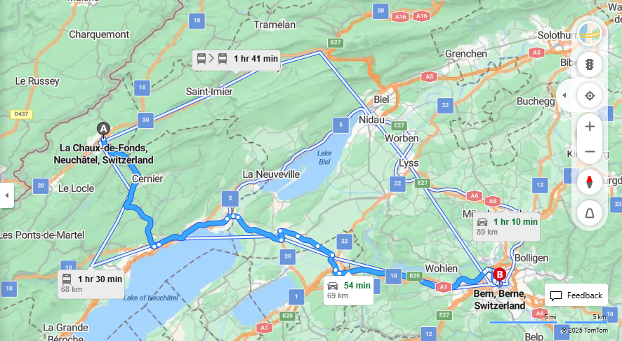 Anreise von La Chaux-de-Fonds Zu Bern Über 20, E25·Toll on route
