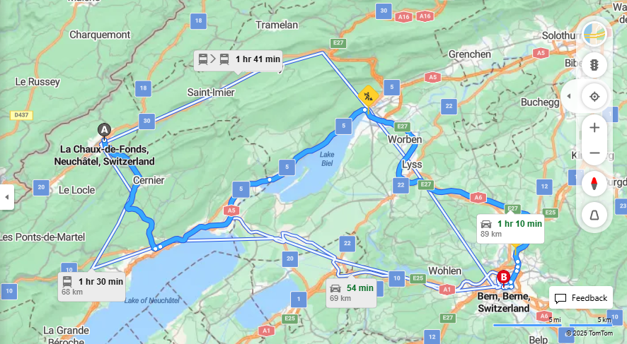 Anreise von La Chaux-de-Fonds Zu Bern Über A5, e27·Toll on route