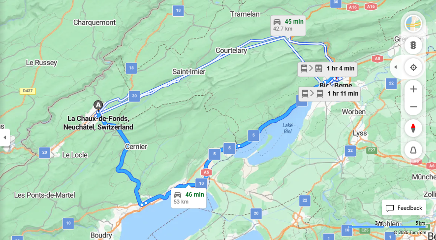 Anreise von La Chaux-de-Fonds Zu Biel/Bienne Über 20, A5·Toll on route