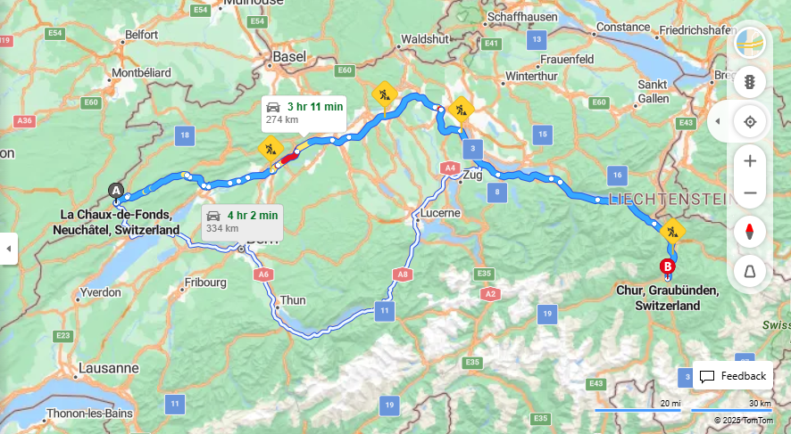 Anreise von La Chaux-de-Fonds Zu Chur Über a1, a3·Toll on route